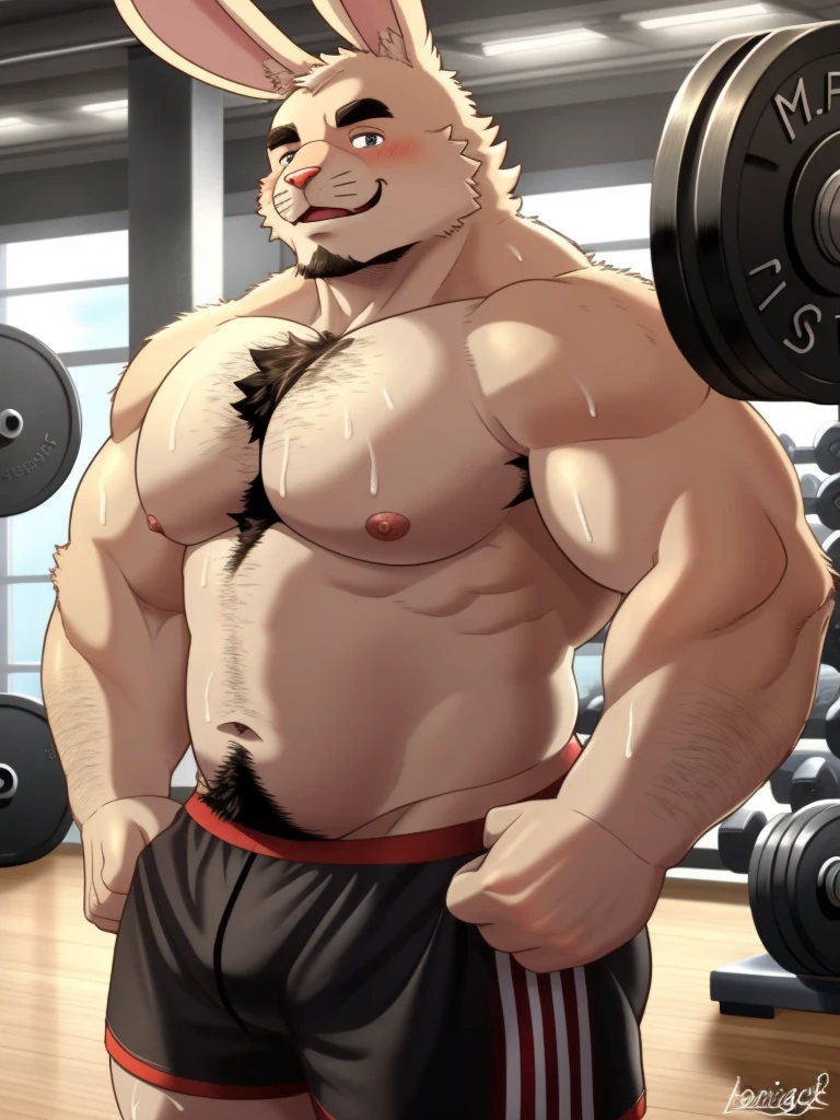 , by bontiage a sweaty chubby shirtless anthropomorphic bunny with body hair wearing sexy clothing, at a gym