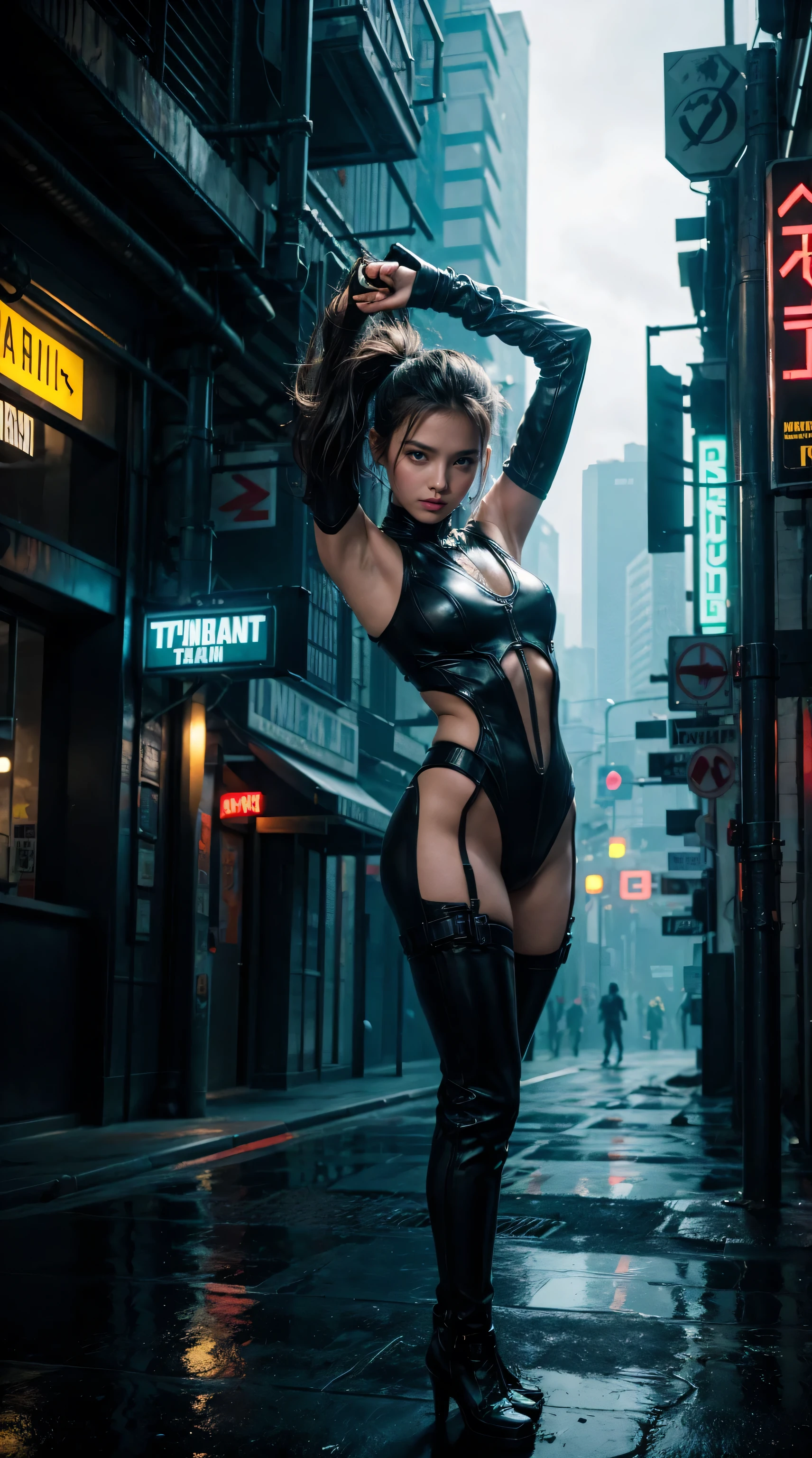 Half Hawk, Urban sprawl, Miss, urban dance clothing, Dramatic Lighting, High contrast, contour, Worth the poster, Street Fashion, Graffiti, Neon, shadow, Dystopia, Cyberpunk, Futurism, Science Fiction, TRON, Blade Runner, , Westworld, Black Neon, dance, body fluid, Dynamic, vitality, move, form, Express.