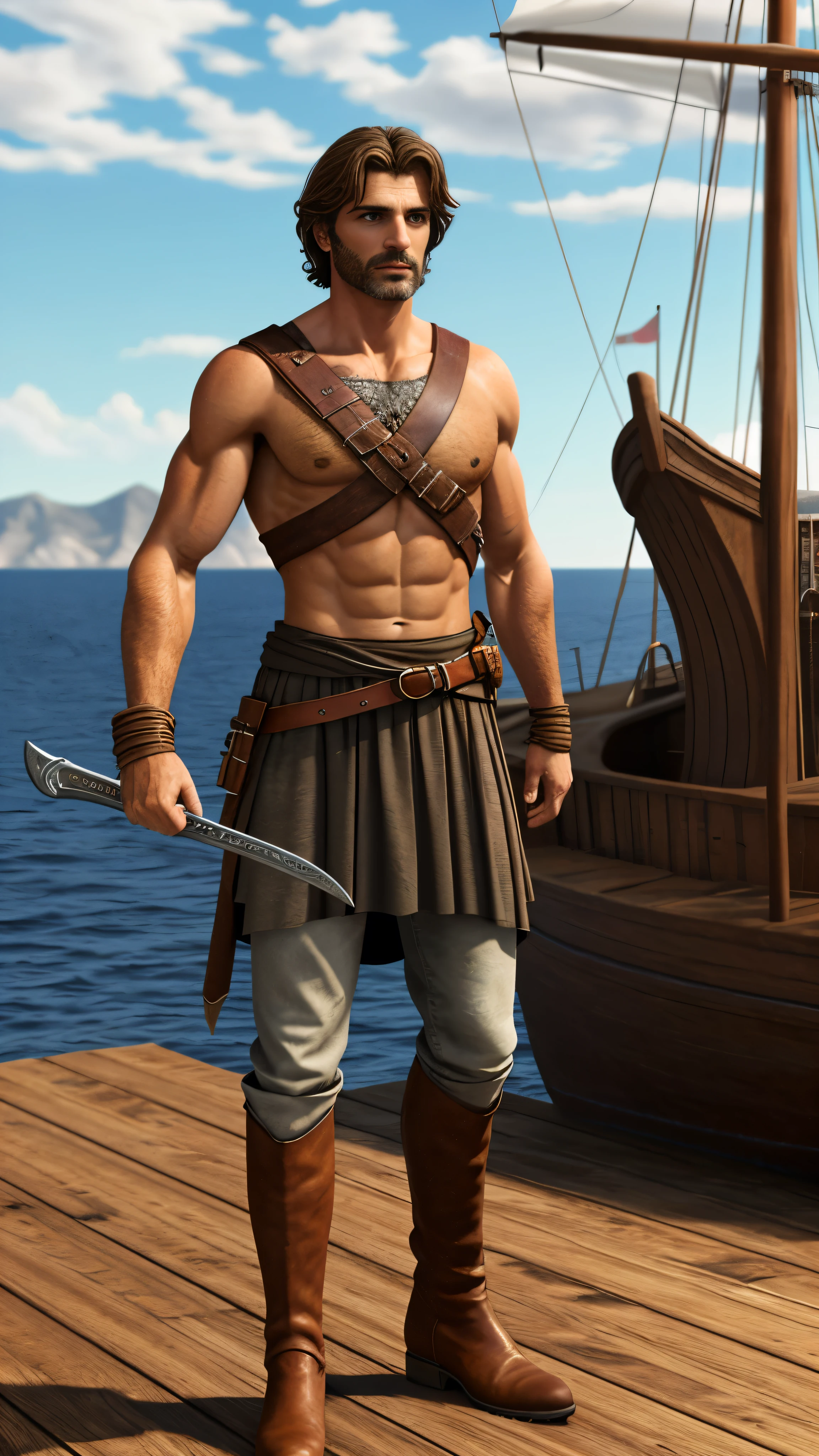 Mature male, extremely muscular, Brown eyes gleaming with wisdom, Shoulder-length brown hair slightly disheveled by the wind, Wearing tan Greek Evzonas with red detailing and a sword at his side, Tall black boots stomping on the wooden ships deck, 8k resolution, Rendered in Unreal Engine, Highly detailed textures, Dramatic angle showcasing his chiseled features and the vast expanse of the sea behind him.