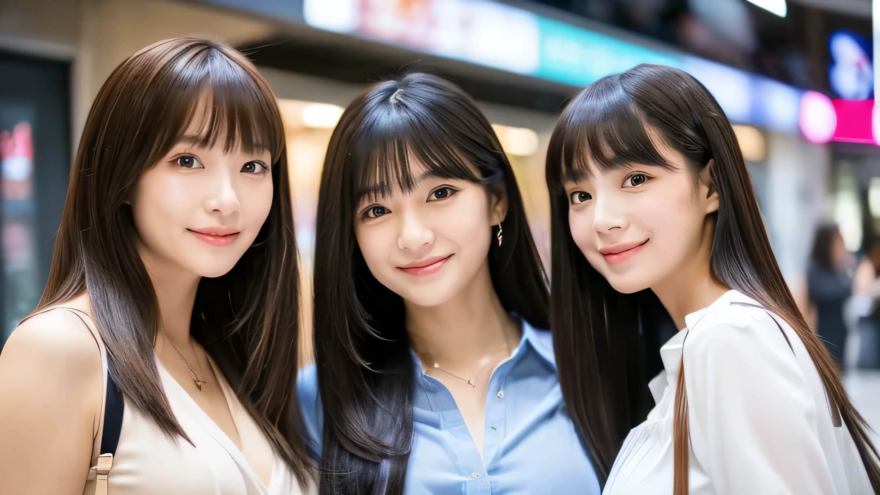 ((A frontal shot of three friendly sisters walking side by side in the same space))　((highest quality)), ((masterpiece)), (Familiar)　(Get used to it)　Perfect Face　(The 24-year-old girl in the middle has a professional sexy make-up look.　Bangs are the perfect hime cut　Her hairstyle is jet black, extra long, straight hair.　A dignified face with narrow eyes and a thin face　Tall and has a typical Japanese build　Excessive breasts　Common skin tones of Japanese people　Her smile is sexy　　She is wearing a long black pleated skirt and a white blouse.　Looking straight ahead and at the viewer)　(The 21-year-old second daughter on the left has cute, professional makeup done.　The bangs are uneven and princess cut　Her hair is light brown and extra long. ｗavy Hair Hair　Large Breasts　Average height and typical Japanese buildよりややスリム　Common skin tones of Japanese people　Laughing out loud　The outfit is blue jeans hot pants and a blue collared shirt.　Looking at the third daughter)　(The 18-year-old third daughter on the right has perfect baby-face makeup.　Her bangs are perfectly aligned and hung straight down.　Her hairstyle is a cute, completely straight, shoulder-length bob cut.　Large breasts　Average height and typical Japanese build　Common skin tones of Japanese people　He looks shocked at his second daughter.　She is wearing a white dress　Looking at the second daughter)　(This is the food court inside the shopping mall.)　(The three are very close)