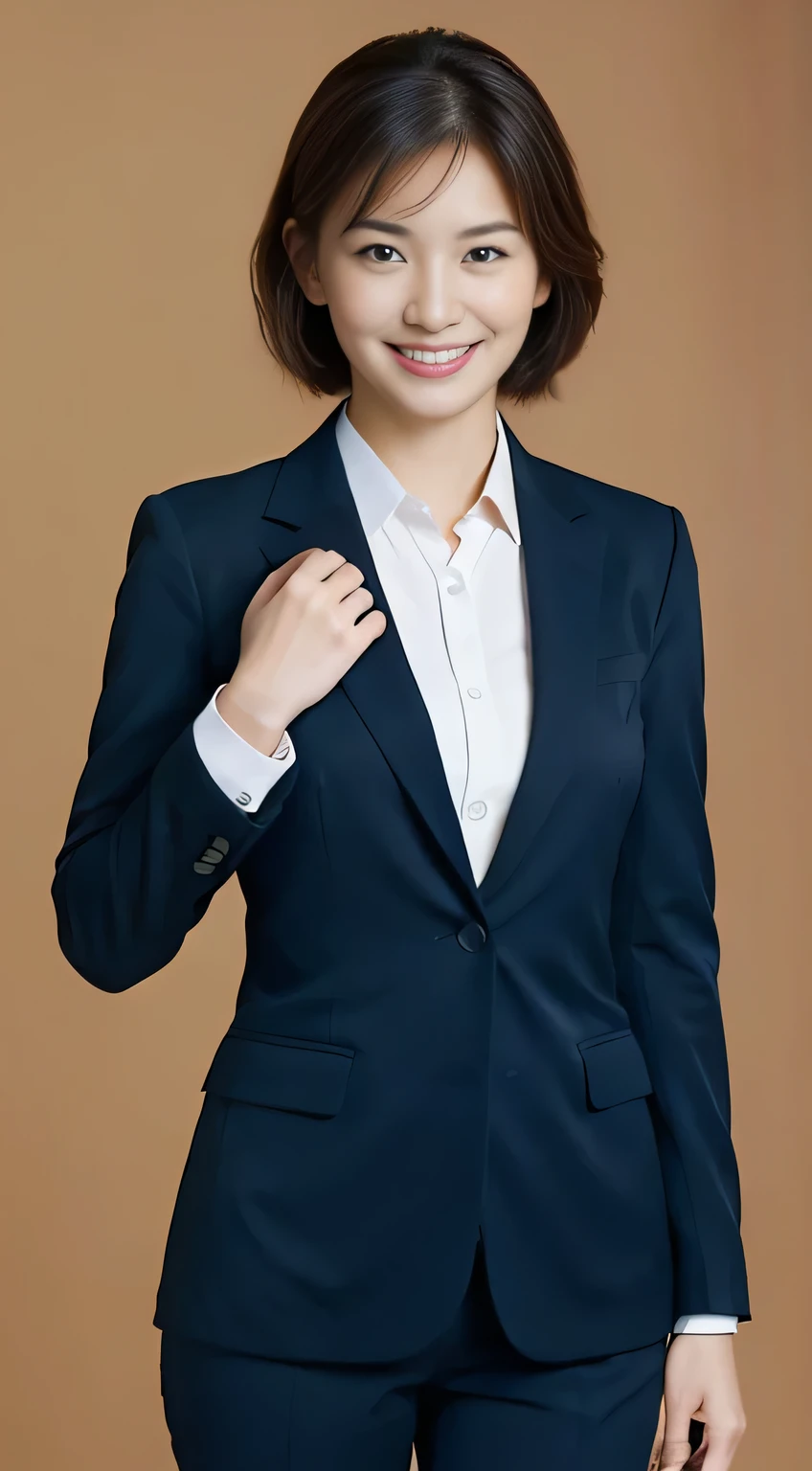 best quality,masterpiece,Ultra-high resolution,(Reality:1.4),1 Girl,Business(red)Set,belt,Smile,,Round Face,