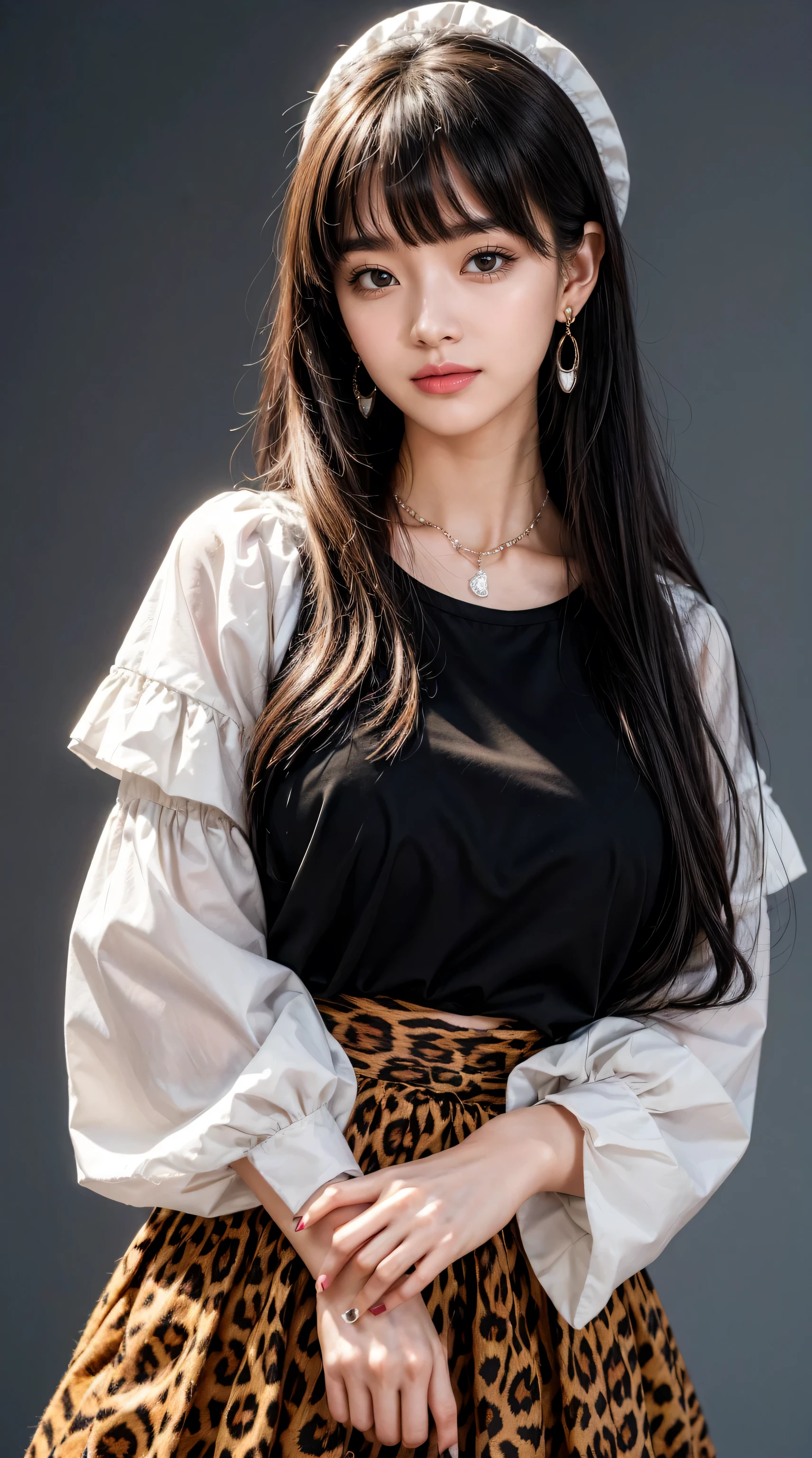 Pure Fuyuko, 1 Girl, Solitary, Black Hair, have, jewelry, Long hair, Looking at the audience, Bangs, earrings, skirt, White background, Smile, shirt, Simple background, Heart earrings, Long sleeve, Heart, Black tiara, black shirt, frilled Necklace, breast, Brown eyes, Necklace, blunt Bangs, Upper Body, Berets, medium breast, brown skirt, decorate, Nail polish, ribbon, Red nails, Shut up, Animal print, blush, Ruffled sleeves, Leopard, neck ribbon, own hands