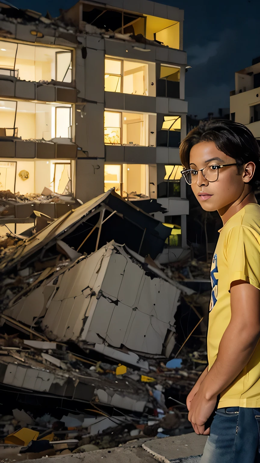 At night there are two buildings with many windows that are collapsing into pieces. Between these two buildings there is a boy with half-tanned skin., con lentes, cabello medio largo, mirando hacia arriba, dressed in a yellow shirt and jeans.
That it was noticed that the rubble falls from the buildings and that it is hyperrealistic