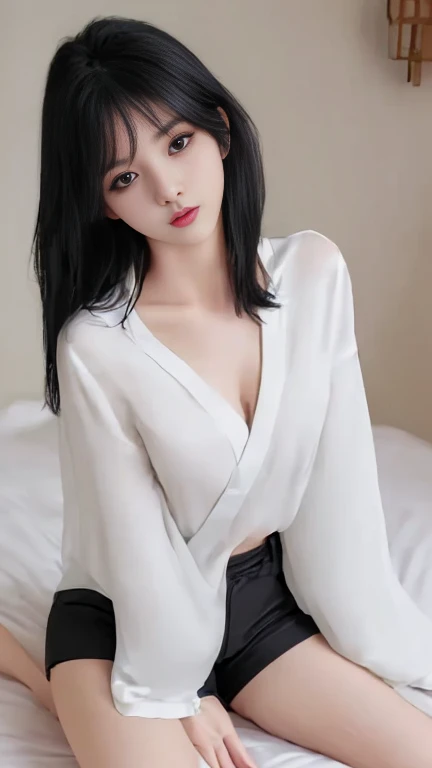 beautiful girl,sexy,black hair,Wear a white long-sleeved shirt with an open chest.,Wear white shorts,sitting on the bed,In a Japanese style bedroom