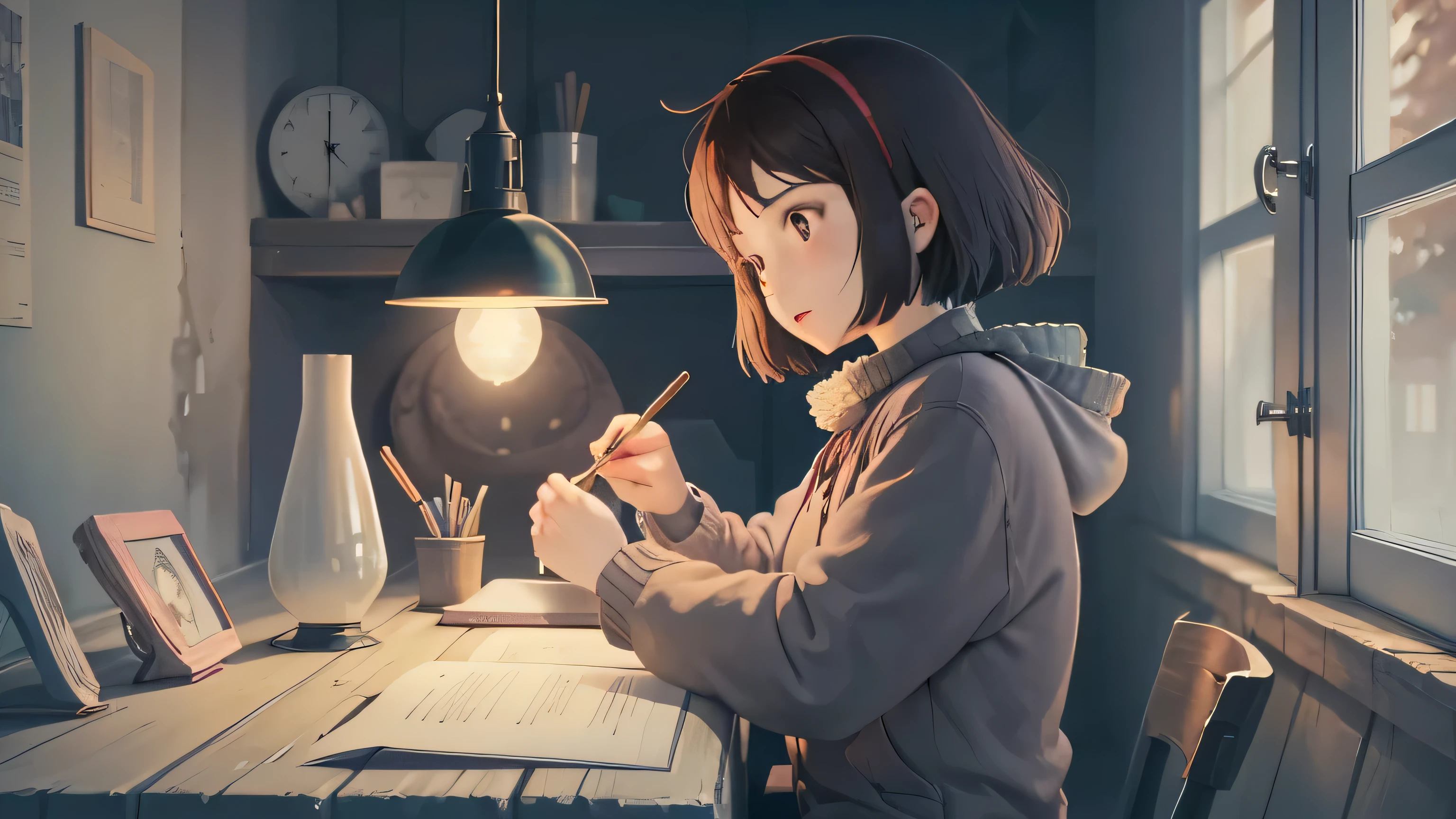 Anime girl sitting at a desk writing in front of a fireplace, cozy wallpaper, Anime Style 4k, Cozy environment, anime art wallpaper 4k, anime art wallpaper 4k, Cozy place, anime art wallpaper 8k, LOFI Girl, Nightcore, Cozy rooms, winter concept art, Digital anime illustration, Anime atmosphere, 4k anime wallpaper