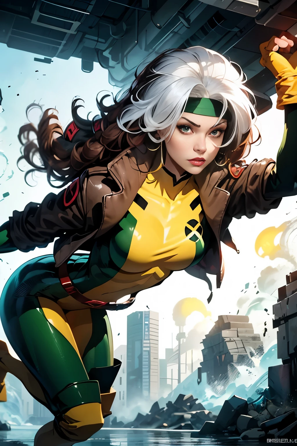 Create a semi-realistic, anime-inspired portrait of Rogue from the X-Men. Rogue is a strong and confident mutant with striking features. She has long, flowing auburn hair with a white streak, which is a prominent characteristic. Her eyes are intense and green, reflecting her determination and inner strength. She wears her iconic green and yellow bodysuit, which hugs her figure, showcasing her athletic build. Rogue's expression is serious yet captivating, conveying her complexity as a character. Ensure the portrait captures her essence as a powerful and enigmatic mutant while infusing it with the vibrant style of anime artwork
