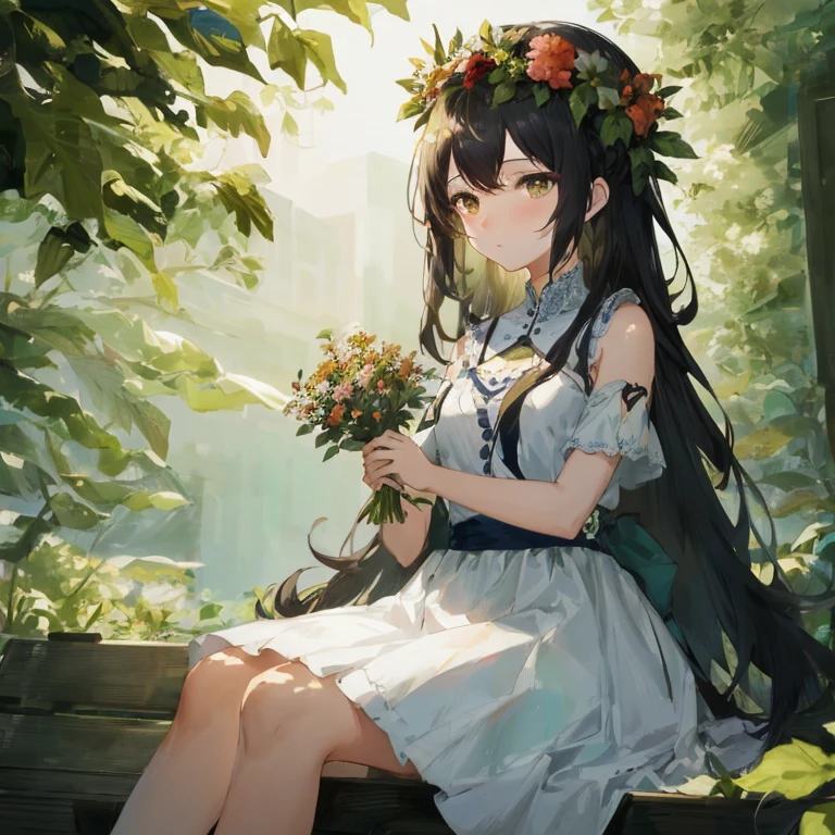 Anime girl sitting on a bench with flowers in her hair, guweiz, Cute anime waifu in a nice dress, Beautiful anime girl, artwork in the style of guweiz, Beautiful maiden, in dress, young anime girl, guweiz on pixiv artstation, anime moe art style, kawacy, guweiz on artstation pixiv