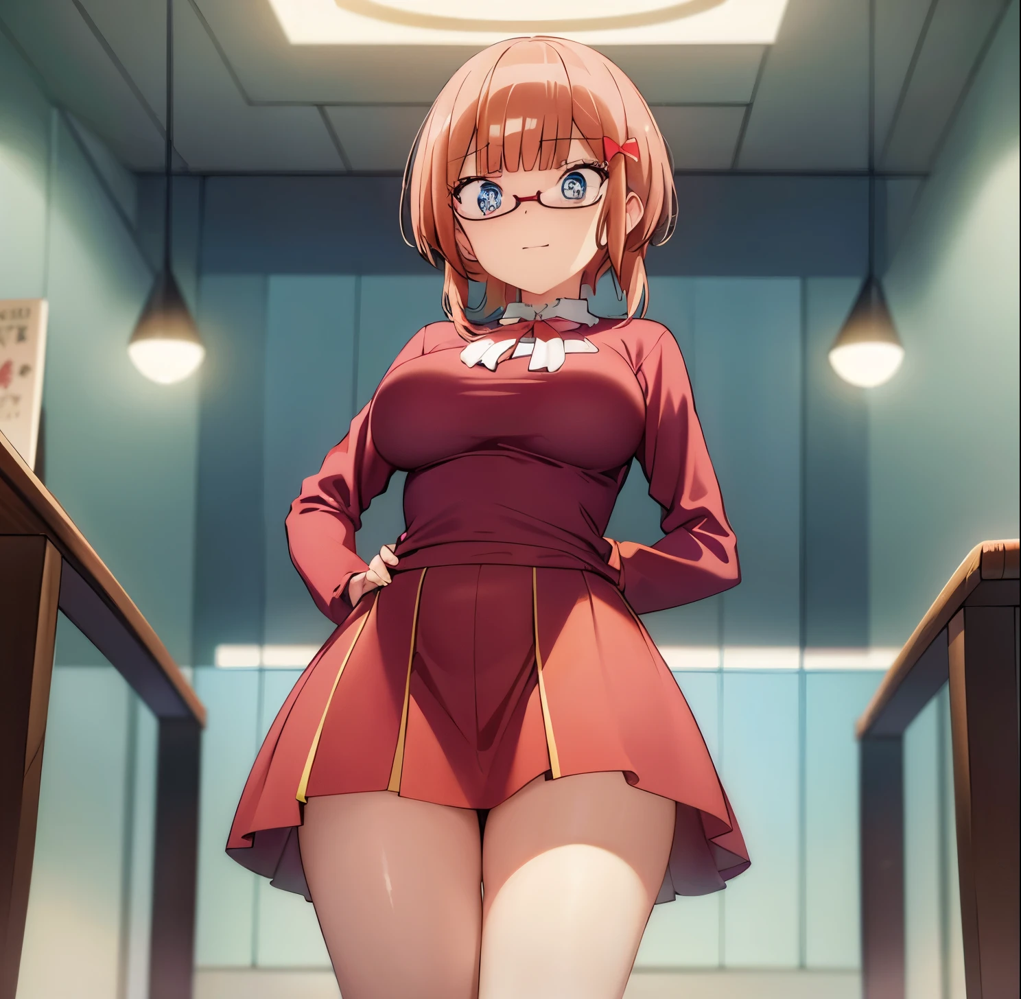 1girl, alone, rizu ogata, ((masterpiece)), ((Best quality)), (Ultra detailed), on the table, sitting, legs open, light blue blouse, long sleeves, neckline, red skirt, long skirt, heels red ((pretty eyes)), 1 girl in the library, good lighting, embarrassed, seductive, blue eyes, no glasses, long hair, orange hair, ((pretty eyes)), smile, big breasts, medium waist, wide hips , medium thighs, good Anatomy, good hands, hands on hips, arms crossed, interior, bookstore, , from the front, looking at viewer, from the front, point of view (from below), round butt, curvy body, perfect hands , perfect anatomy.