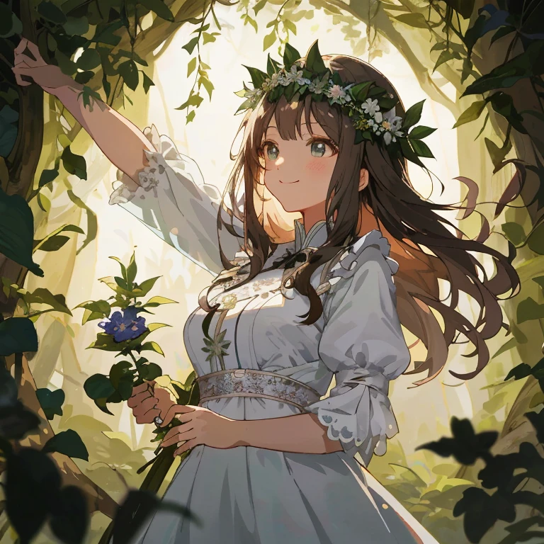 Anime girl in white dress with flowers in the forest, a maid in a magical forest, nature goddess, Beautiful maiden, goddess of the forest, kawacy, Beautiful Anime Portrait, smiling as a queen of fairies, Beautiful anime girl, ethereal anime, Detailed Digital Anime Art, Queen of Nature, beautiful anime art, guweiz on pixiv artstation