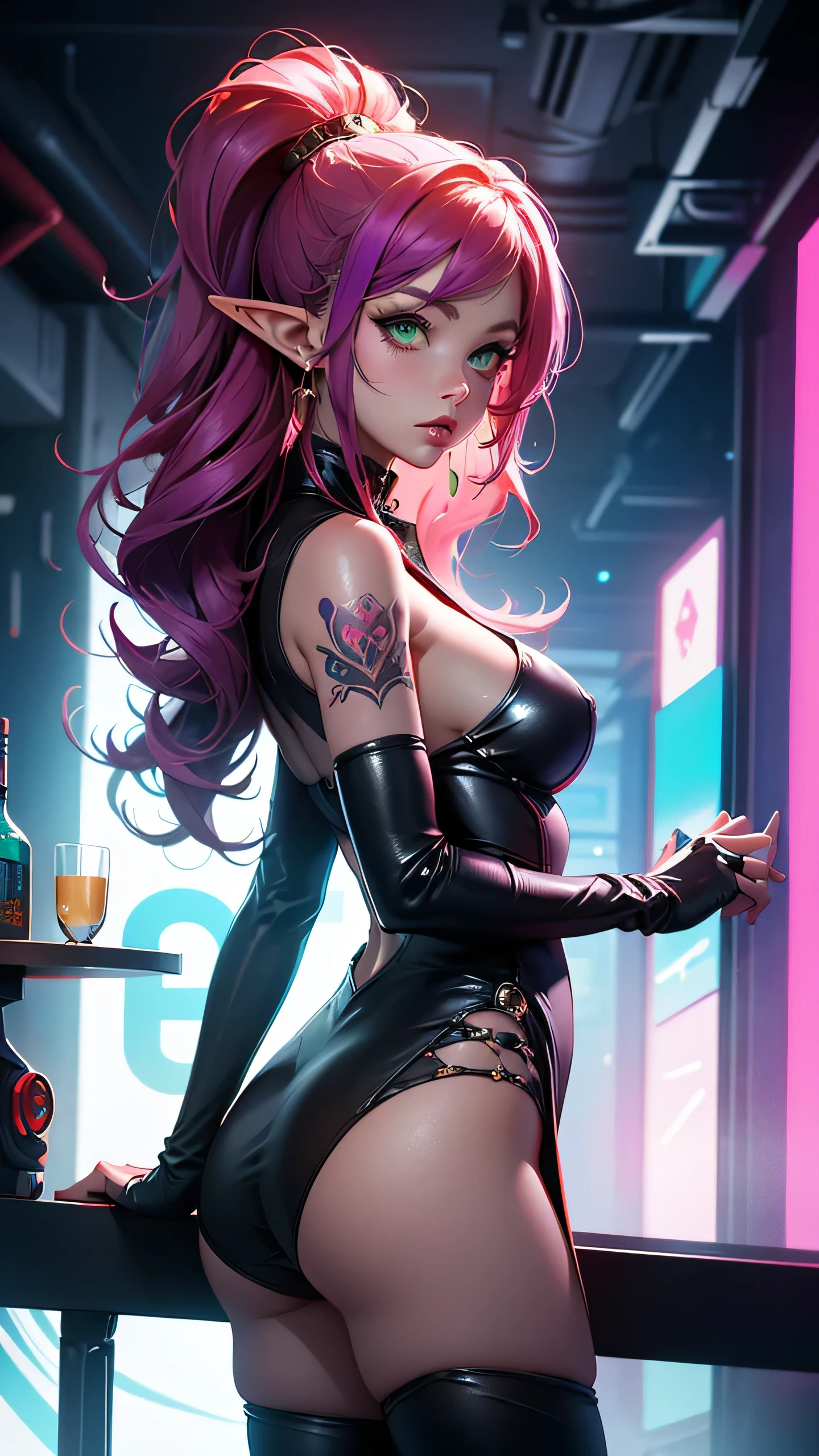 There is futuristic bar, near bar table stand elf female, she have a beautiful face with green eyes long pointy ears with lot of golden earring on them red eye shadows and lips, main colour of her hair is red with purple highlights lines, she dressed in sexy leather shamanic outfit, her body and arms covered with mislyc tatoo, behind her back there is wind spirit, (ultra high quality sifi fantasy art. cyberpunk fantasy style, masterpiece, ultra highquality character design, 8k quality anime art, top quality wallpaper illustration, detailed ultra high quality acurate face, highquality design and acurate physic )