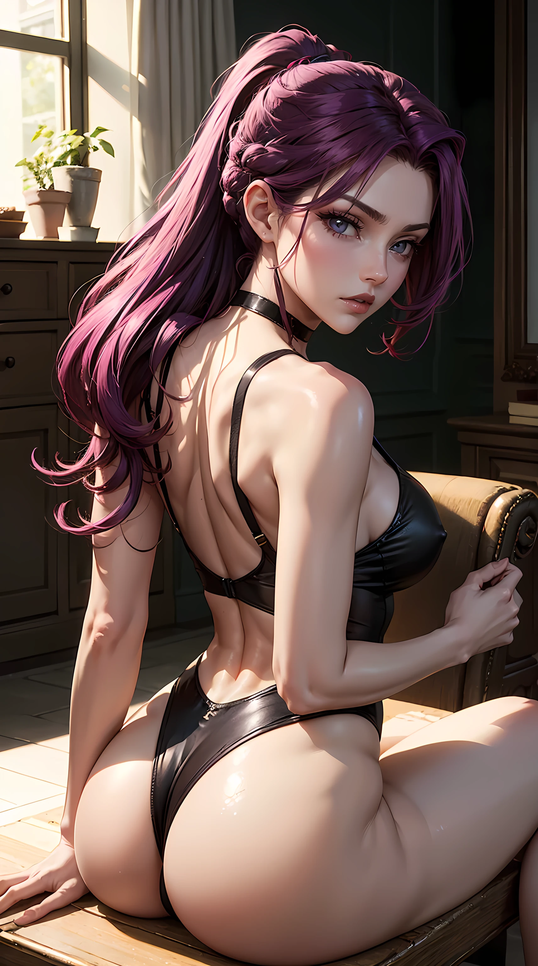 Beautiful purple hair woman is shown to have a sexy figure, she is wearing a nsfw leotard, choker, ass first, perfect ass, thong like, sexy look, ponytail, purple eyes, girl sitting down in living room ,sexy session, sexy pose, cowboy shot, superior quality, many details, realistic