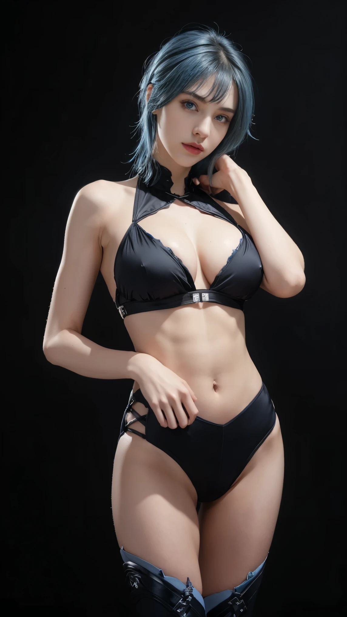 8K, Top Quality, Intricate Details, Ultra Detail, Ultra High Resolution, Masterpiece, close up shot, (full body: 1.1), Slender, Smile, (Makeup: 0.4), (Fluffy Blue Eyes: 1.21), (()), 1girl, solo, 1 girl, ((blue hair, bangs)), close up shot, , ((tall)), (((fit body))), (((slim face))), sharp face, (()) (detailed face), sharp face, small lips, , ,
((, , )), , ((armor bikini)), detailed face, detailed breast, , ((large breast, huge breast)), detail ass, Narrow Waist, Skinny, tall , 190 cm tall, Muscular, Navel, Exposed Abdomen, Pointed Chest,, Beautiful girl with accentuated slender abs: 1.4, Six Pack Abs: 1.4, Bust Botox, Big, Perfect Body, detail leg, (( dark background)), black background,