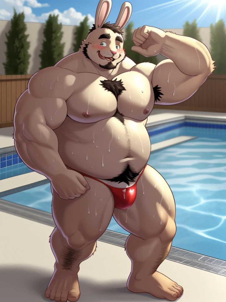 , by bontiage a sweaty chubby shirtless anthropomorphic bunny with body hair wearing sexy thongs, at a swimming pool