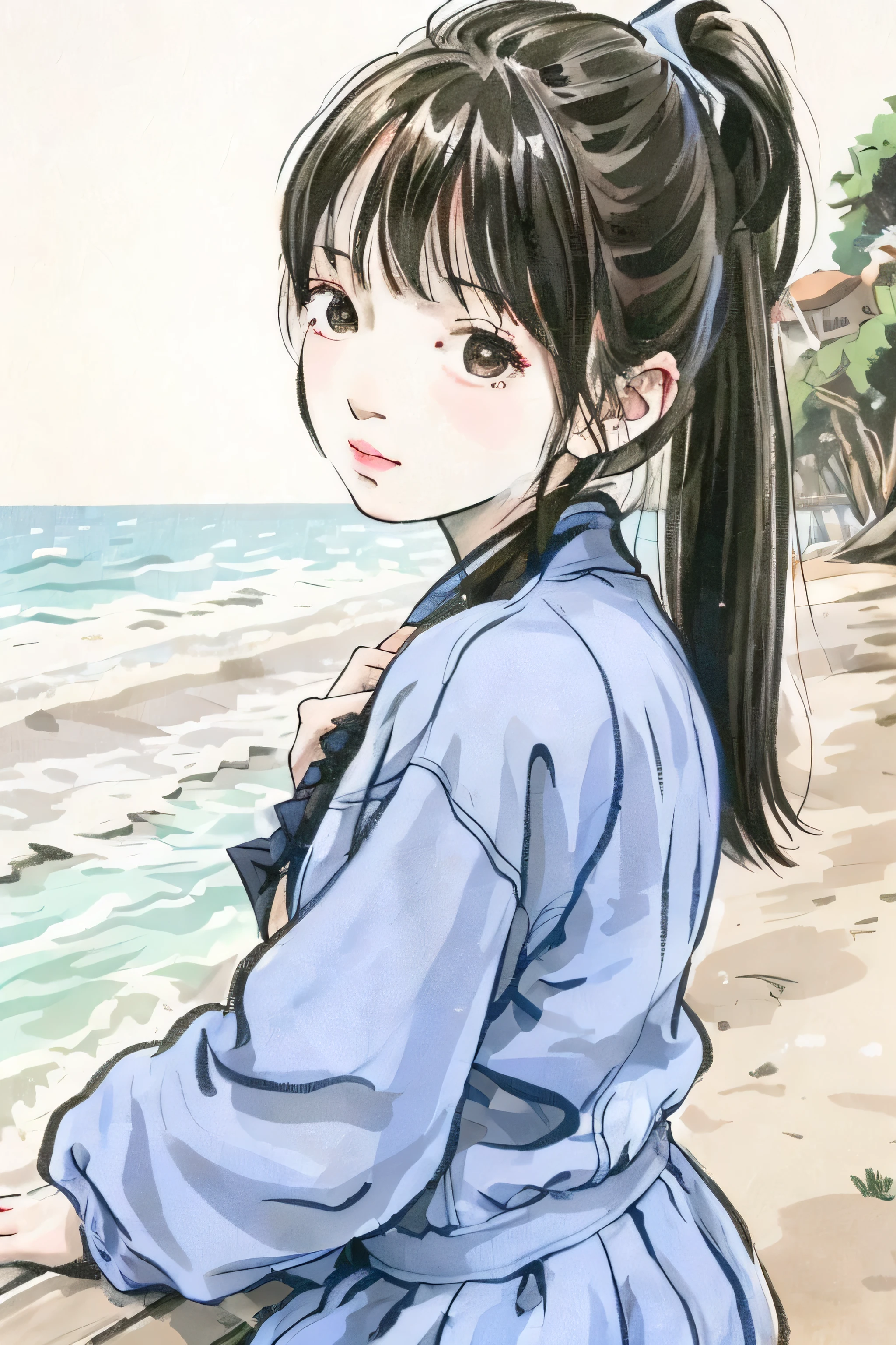 Beautiful girl with double ponytail by the sea