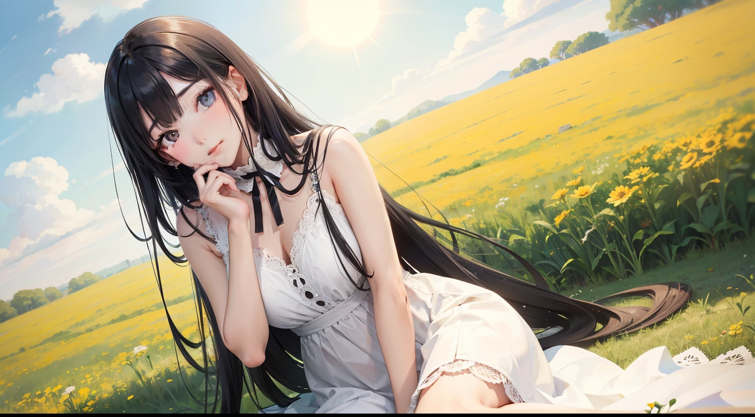 (masterpiece,highest quality),A girl with long black hair is sitting in a field,She placed her hand under her chin,Warm sunshine,White Dress,fortune,The skin is delicate、Second dimension beautiful girl