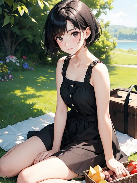 1 girl, cute, Short black hair、beautiful, sunny day、picnic、She is wearing a breezy sleeveless dress..。I'It'Summer festival