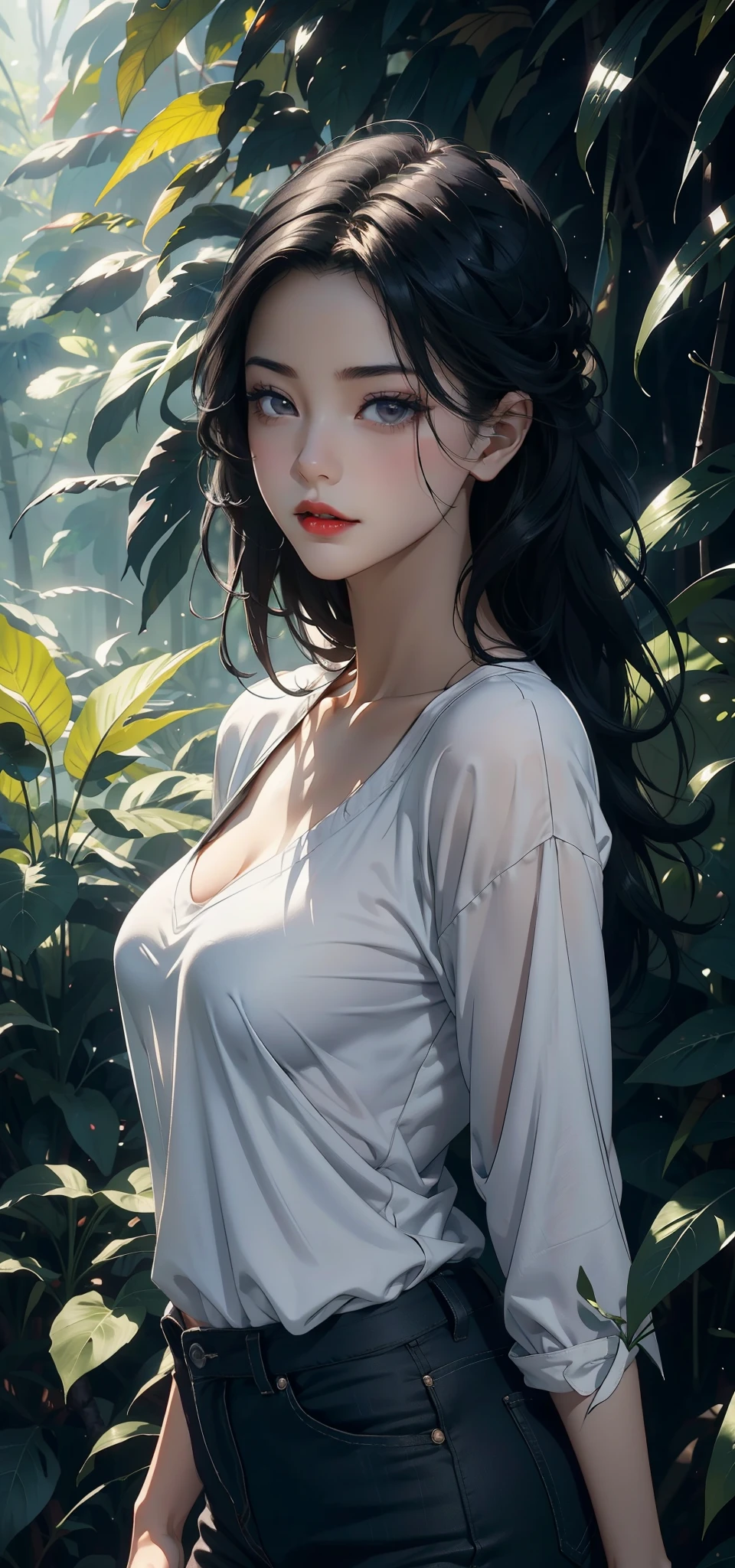 1 female,(background:In the woods,Rainforest,In the summer,Strong wind) She has short black hair,Straight Hair,Red lips,stand up,Front view, OK, Gloomy sky,(((masterpiece),(Highly detailed CG Unity 8k wallpaper),最OK质量,Light,详细background,Beautiful black eyes,(Very delicate and beautiful),(Beautiful and detailed description of the eyes),Super detailed,masterpiece,)),face camera,high resolution,Super detailed),Exposing breasts,US Navy(Wear:White shirt,Skinny jeans)