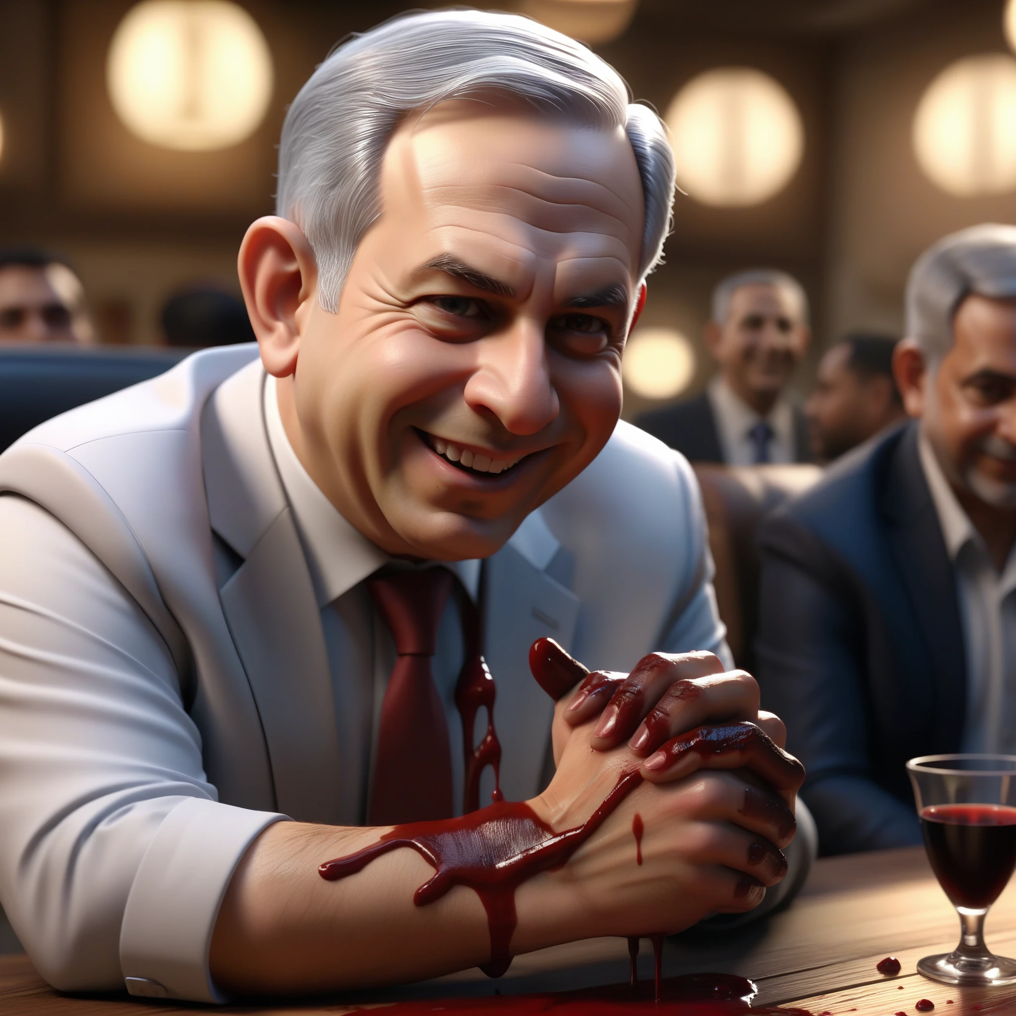 (masterpiece:1.2) (photorealistic:1.2) (bokeh) (best quality) (detailed skin) (intricate details) (8k) (high poly) (ray tracing) (cinematic lighting) (sharp focus),( full body:1.2),  (half body:1.2) The truth of clean smiling Benjamin Netanyahu (trying to wipe blood from his hands:1.4), (malevolence:1.2) 