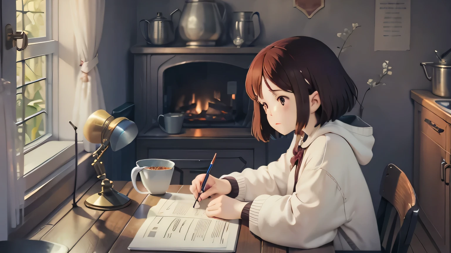 Anime girl sitting at a desk writing in front of a fireplace, cozy wallpaper, Anime Style 4k, Cozy environment, anime art wallpaper 4k, anime art wallpaper 4k, Cozy place, anime art wallpaper 8k, LOFI Girl, Nightcore, Cozy rooms, winter concept art, Digital anime illustration, Anime atmosphere, 4k anime wallpaper