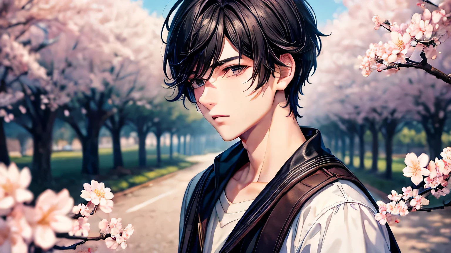 male　1 person　High school boys　Handsome　Black Hair　Short Hair　High quality, high definition and detailed facial expressions　High quality, high definition and delicate hair　Cherry blossom trees