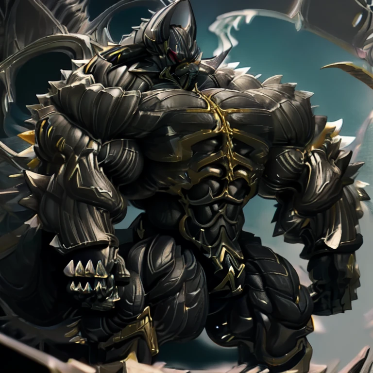 8K, Masterpiece, highres, future fiction. black visor, Detailed head, Detailed Body, full body, Detailed abs, wearing crNanosuit, big muscle (pecs, triceps, traps) unusually developed muscular body, body full of huge muscles. showing off muscles, pectorales enormes. Exaggeratedly huge muscles. Gigachad Muscular, gigantic muscles, Colossal giant NANOSUIT over a battlefield, The cloak is so long that it touches the ground, crossed arms. The claws are sharp, Sharp teeth, have big wings. Spread wings, whole body shines like metal. nj5furry, BLACK COLOR, bulge in the crotch wears a small black string thong that reveals huge muscular thighs. (metallic color: jet black thong)
