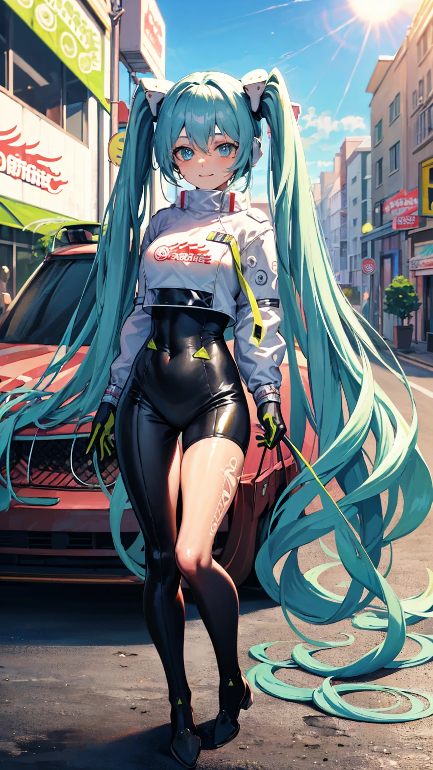 Back view, (masterpiece, highest quality), Backlight, Lens flare, Wide Shot, Fisheye Lens , (Face Focus, Depth of written boundary, close: 1.5), Super Detail, figure, colorful, (Fault Color: 1.3), (Immidshot: 1.3), video, Wide-angle, Upper Body, (((One girl))), (Are standing, Stand in front of the car:2), (1 set), NSX, miku hatsune, Spotless, Dark green hair, Twin tails, Very long hair, Put your arms behind your back, blue eyes, Glowing Eyes, Relaxed face, Eyebrow hair, Shiny Hair, Glowing Skin, A light smile, racing Miku, Big Breasts, Black bodysuit, Cropped jacket, White jacket, Long sleeve, Two-tone gloves, Thigh-high boots, bright, Beautiful detailed sky, city, street,