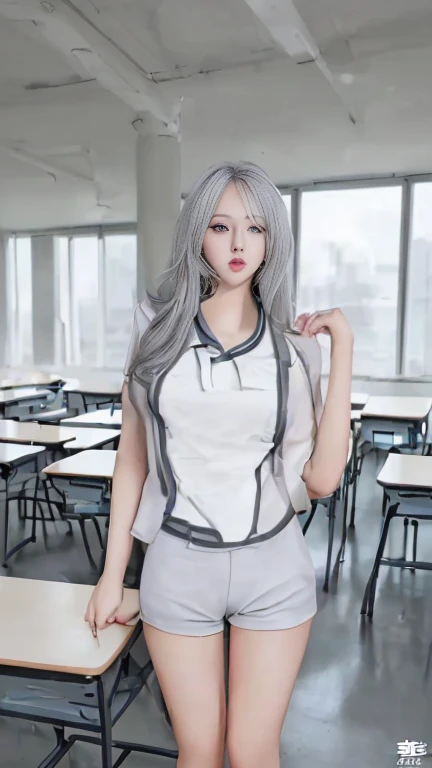 beautiful girl,sexy,gray hair,Wear a white student uniform,shorts,Wear stockings,Taking sexy photos,in the classroom