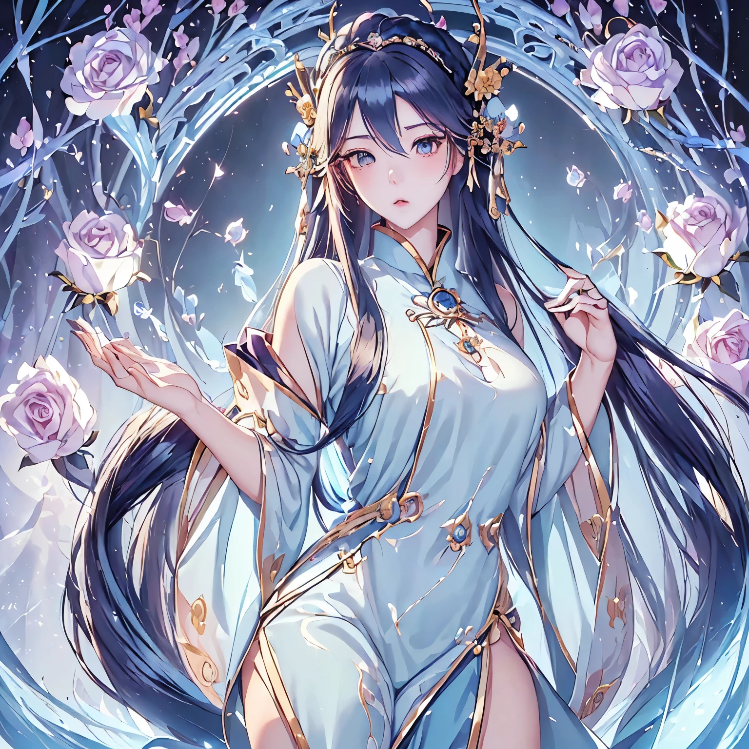 (Asian female)),((elegant)),((extremely long hair)),((blue hair)),((scary pretty)), ((extremely pretty)), ((mysterious)),((very white skin)),((pacifist)),((hair like bonbon)),((anime girl)),((goddes)),((kind)),((sexy)),((blue roses)),((image style anime)),((Similar to rose quartz from steven universe)),((quiet)),((more prettier than goddes)),((stars)),((red rose petals in her hair))