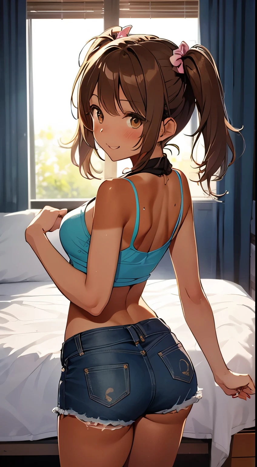 highest quality、 bra、Beige shorts、Cool look、Stretch your legs in the room、Armpit sweat、Grass、Ecstasy face,(Attractive person), (girl1name), (Highly detailed face, smile) ,, (日本のgirl), Slightly round face, (Tan brown face:1.6), cute, Big eyes、2D,highest quality,(masterpiece),(((whole bodyが映る))),(((whole body))),Himekaito Hatate,(Twin tails:1.6),((Brown Hair)),Healthy brown skin,((Denim hot pants)),Leather Belt,Pink Tank Top,Shining bare feet,barefoot,Beautiful brown eyes,Attractive thighs,Sloppy body type,Bedroom,get drunk,Upward glance,cheeks are bright red,あざでcute,Sexy as hell,Erotic look,whole bodyに汗の大きな滴,humid,Sleep with your legs stretched、My Room、(Standing pose),(Angle to take a back view:1.2),Angle to emphasize the buttocks