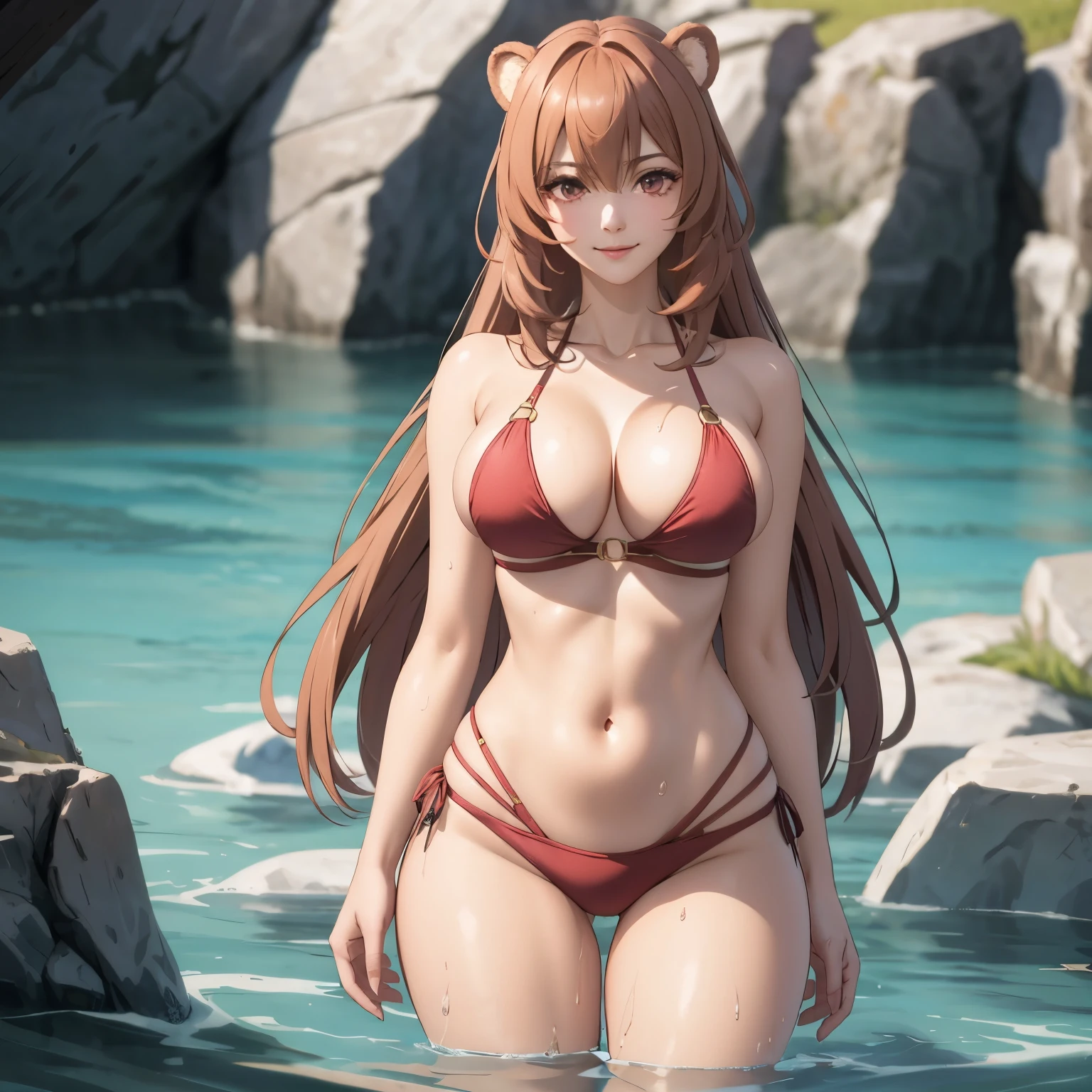 Raphtalia, atractiva mujer. orejas de oso, cabello naranja brillante, red eyes like rubies, pechos grandes, bikini rojo , accesorios, sonrisa feliz, pechos grandes, alta calidad. fondo un lago. bikini rojo, una sola mujer. gotas de agua en su pecho , cuerpo mojado. manos en caderas frente al espectador.