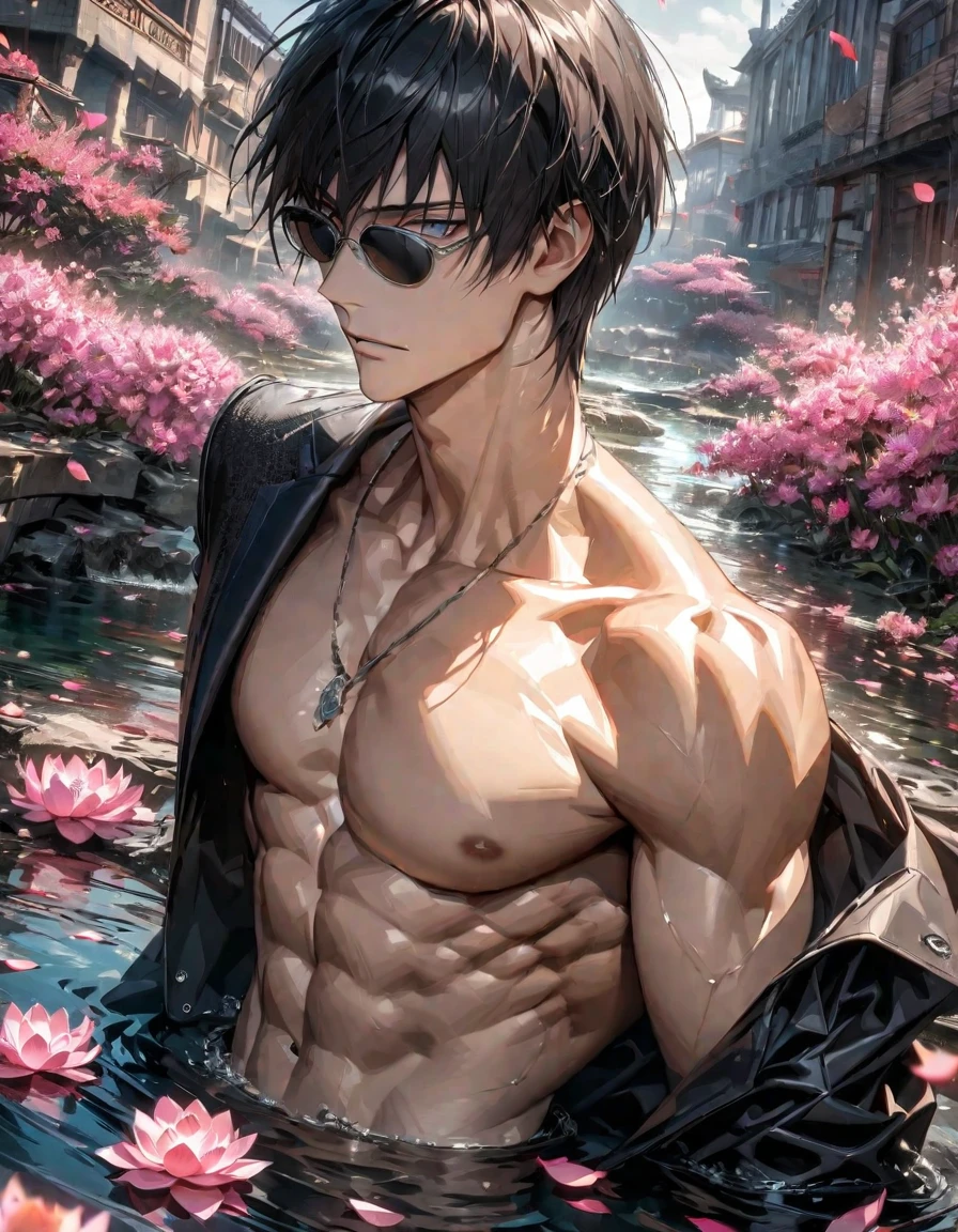 absurdres, highres, ultra detailed, HDR, master piece, detailed picture, extremely detailed face and eyes, Nicholas D. Wolfwood, black straight hair with bangs, expressive gray eyes, Trigun, black sunglasses, sexy man, handsome, toned chest, black jacket, gray shirt, water, pink lotus, petals, spring