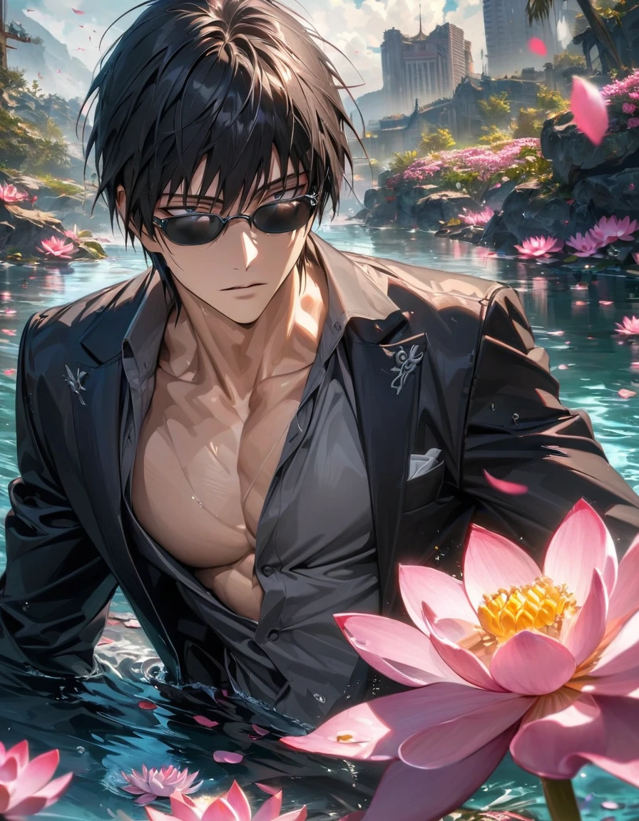 absurdres, highres, ultra detailed, HDR, master piece, detailed picture, extremely detailed face and eyes, Nicholas D. Wolfwood, black straight hair with bangs, expressive gray eyes, Trigun, black sunglasses, sexy man, handsome, toned chest, black jacket, gray shirt, water, pink lotus, petals, spring