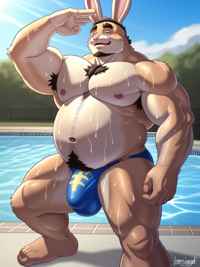 , by bontiage  a sweaty chubby shirtless anthropomorphic bunny with body hair and a big bulge and belly wearing sexy thongs, at a swimming pool 