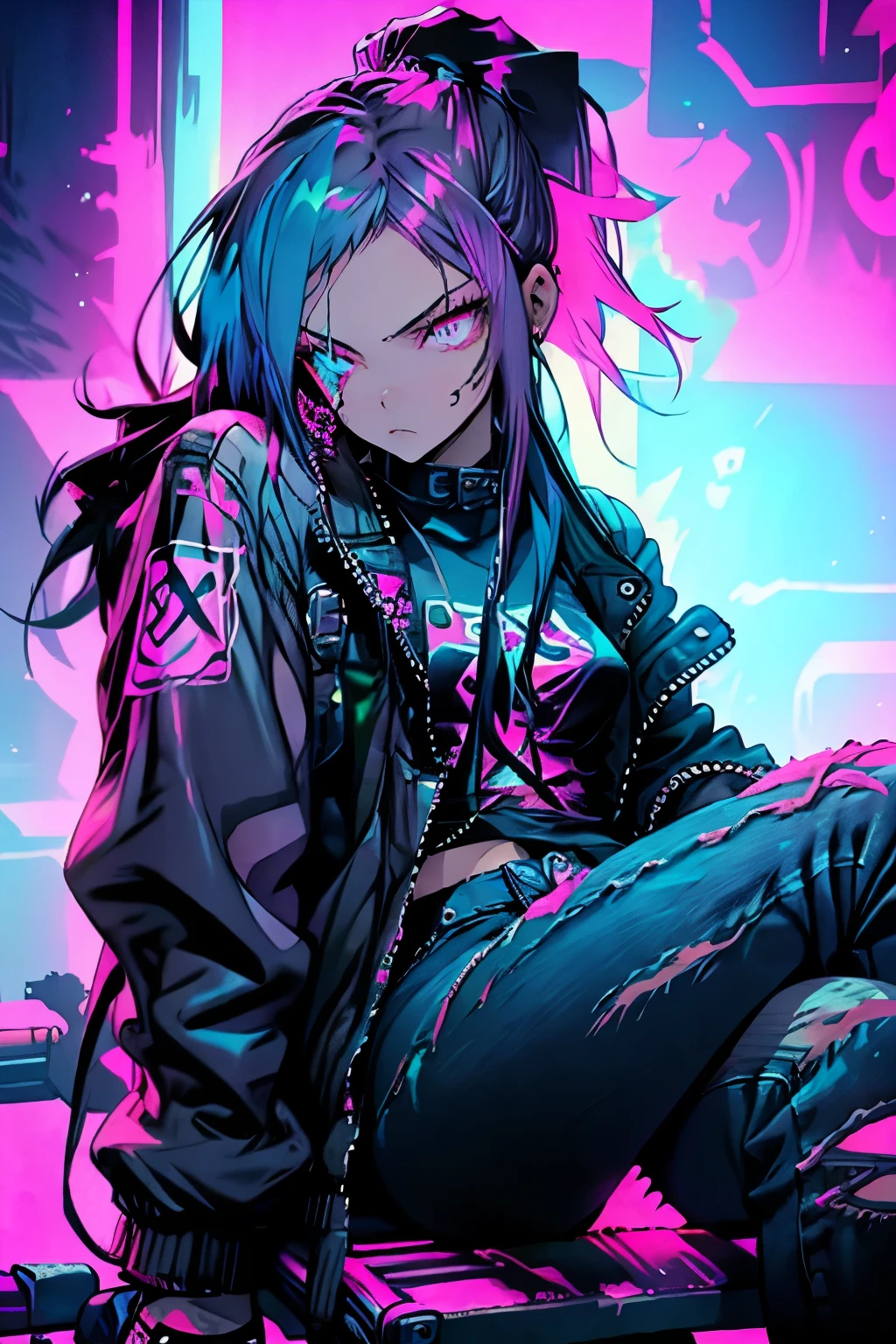 girl, Blue long hair, (Pink Eyes), Beautiful Eyes, (Black jacket, Distressed jeans), tattoo, ponytail, crazy, Sitting pose, Neon Background