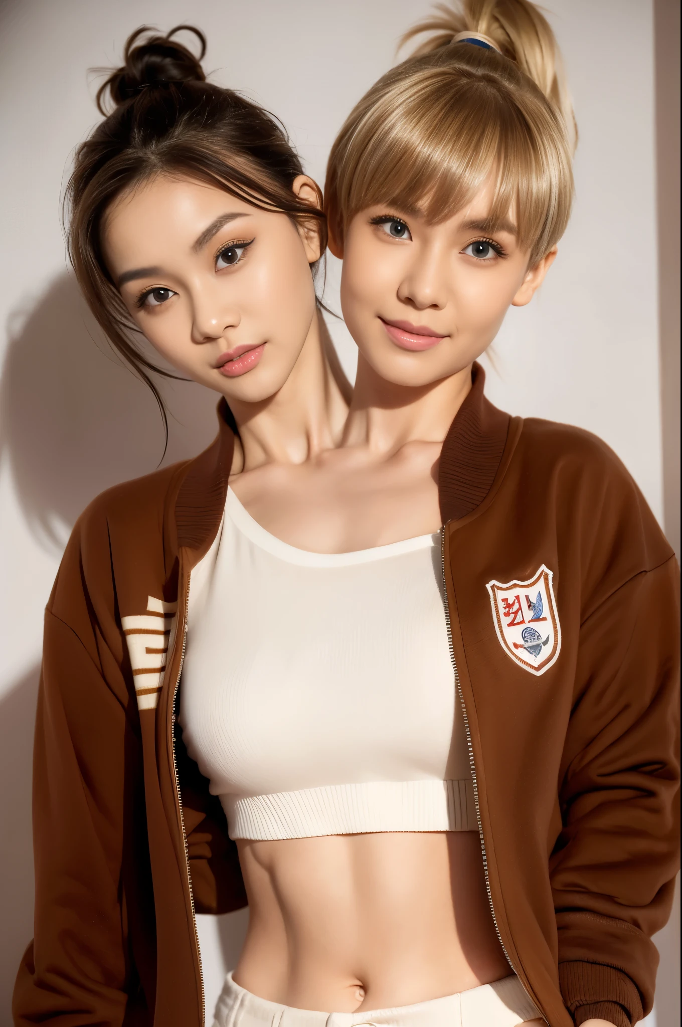 best resolution, 2heads,  half-body shot, korean woman with two heads , brown hair, blonde,  pixie cut and ponytail,  different faces, varsity jacket, stage background