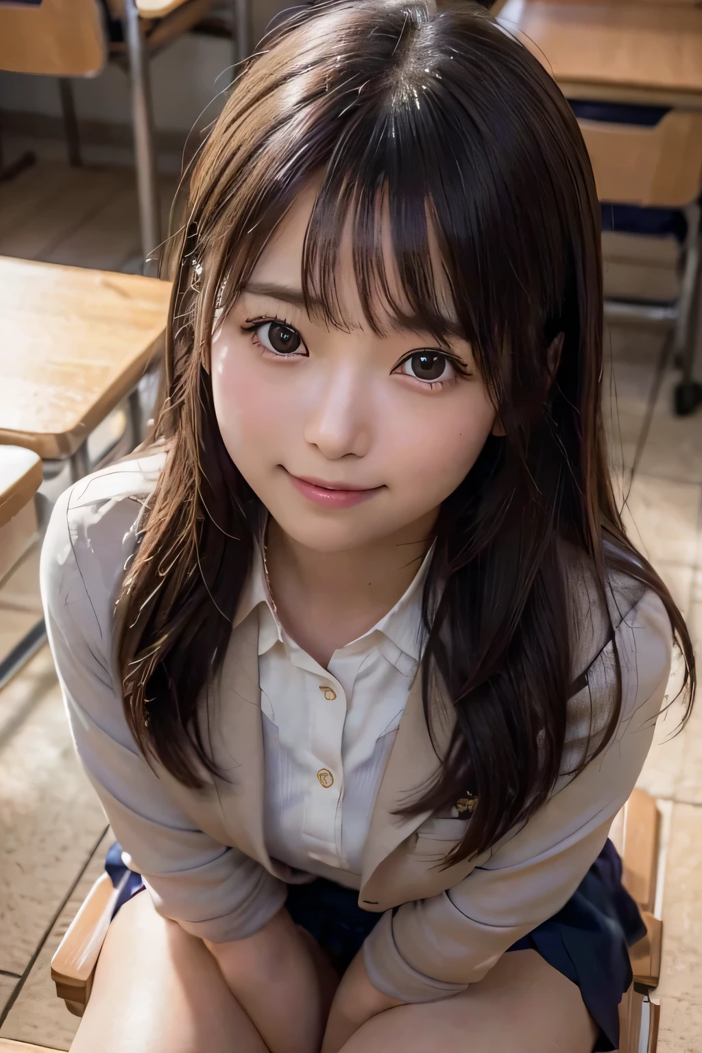 1 girl, best quality, facial focus, soft light, (depth of field), ultra high res, (photorealistic: 1.4), RAW photo, (upper knees: 1.4), (side) 1Japanese girl, solo, handsome, (shy, smile: 1.1), (brown eyes), detailed beautiful face, (long hair), High school classroom, (seated chair), (school uniform: 1.4, navy skirt, navy Blazer)