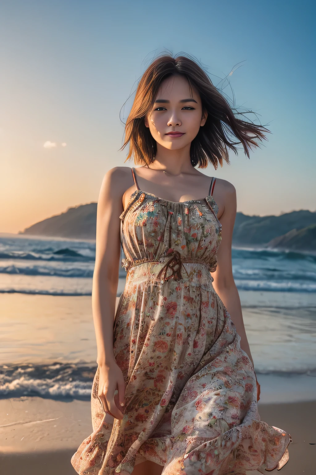 masterpiece, best quality, ultra quality, high quality, realistic, photo realistic, warm lighting,natural lighting,cinematic lighting,RAW photo, hyper detailed, intricate detailed, perfect anatomy, Fujifilm XT3,1girl,Japanese,(slender abs:1.3), cleavage,large hip,(camel toe:1.2), (Brown short wavy pixie hair over one eye:1.2), (from front:1.5),smile,(blushing:1.3),teary eyes,(standing:1.2),sunset,magic hour,blue moment,walking,beach,outdoor,(mideum shot), BREAK (wearing colorful knee length sundress with floral pattern:1.3),(wind lift skirt:1.3),cleavage,