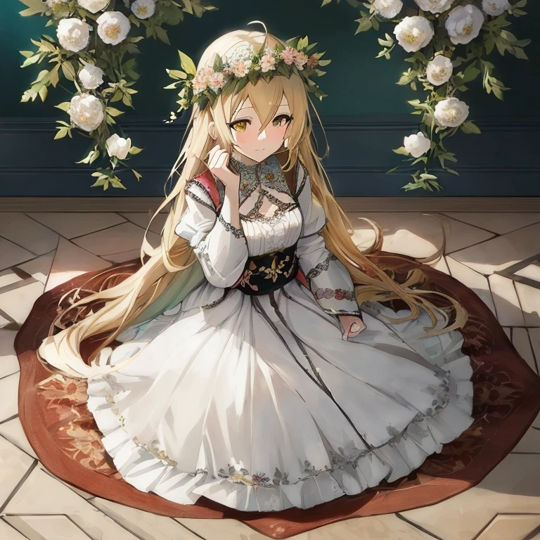 anime girl with long blonde hair sitting on a rug in front of flowers, blonde - haired princess, cute anime waifu in a nice dress, blonde anime girl with long hair, lovely languid princess, cushart krenz key art feminine, anime visual of a cute girl, beautiful maiden