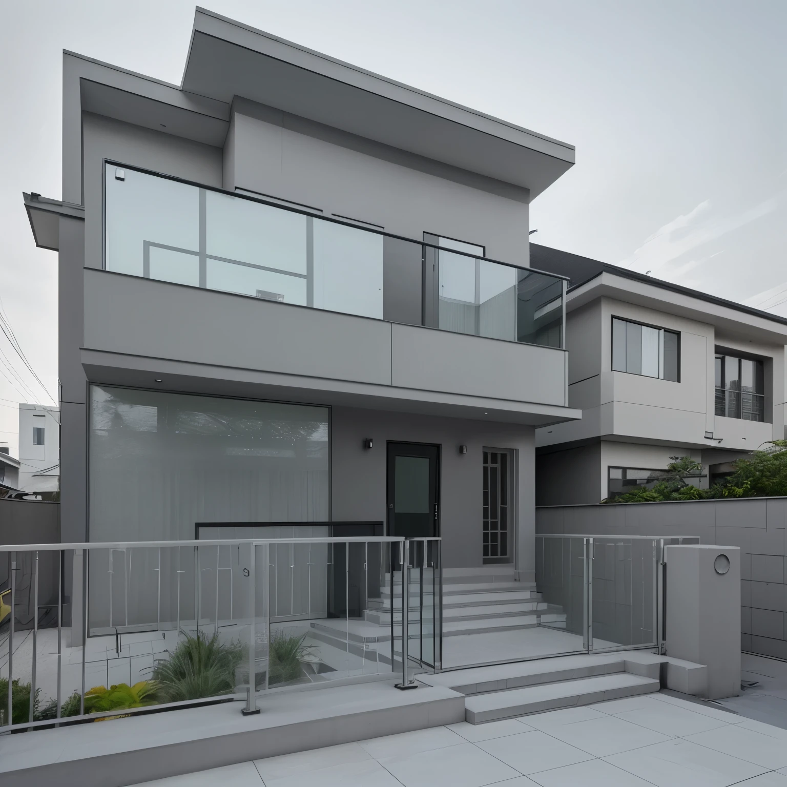 3 d modern facade, glass railing, sắt, ốp conwood, painted gray