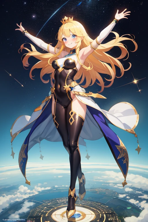 1 girl, full body, 19 years old, white skin, smiling face, blush, blonde hair, straight hair, long hair, bangs, full body, black mask, hands with stars, blue bracelets, purple gloves, superhero costume, purple, with a large yellow star in the center, star emblem, somewhat tight, star-shaped crown, blue eyes, medium breasts, slim body, arms outstretched, arms behind the waist, flying, clear background, city, anime