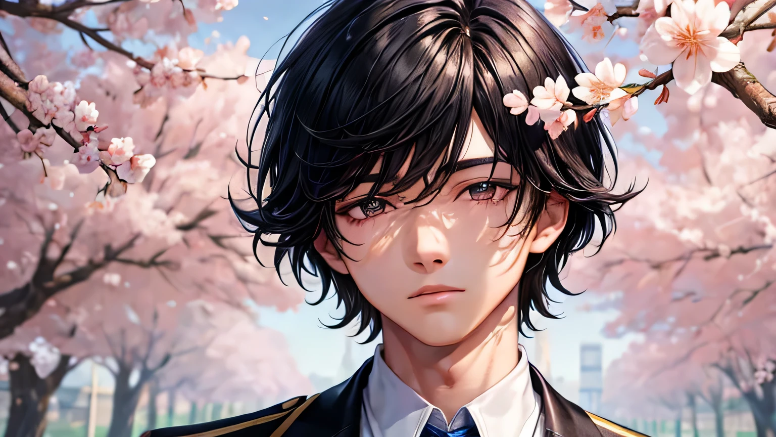male 1 person High school boys Handsome Black Hair Short Hair High quality, high definition and detailed facial expressions High quality, high definition and delicate hair High quality, high resolution and delicate eyes Cherry blossom trees