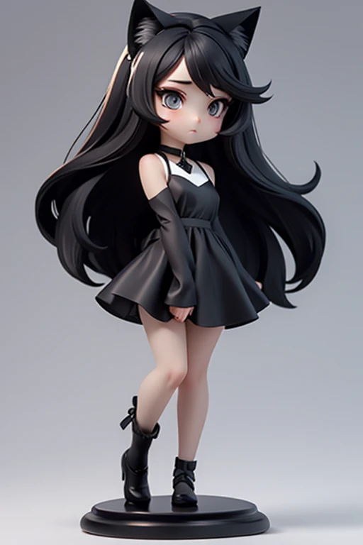 lead people,straight hair,whole body,black dress,black hair,white background,long hair,simple background,solo,1 girl,Cat ear,body in front,face forward. spread eagled,bronze statue,point to the sky