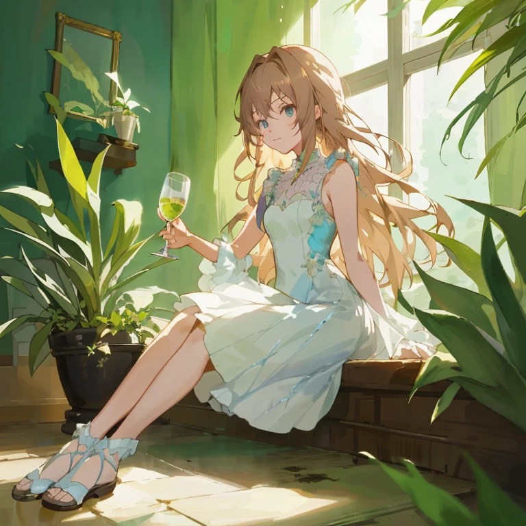 Anime girl sitting on window sill with glass of wine, Cute anime waifu in a nice dress,  in dress, Violet Evergarden, with a drink, cushart krenz key art feminine, Beautiful anime girl, painted in anime painter studio, Anime visuals of cute girls, she holds a glass of wine, guweiz