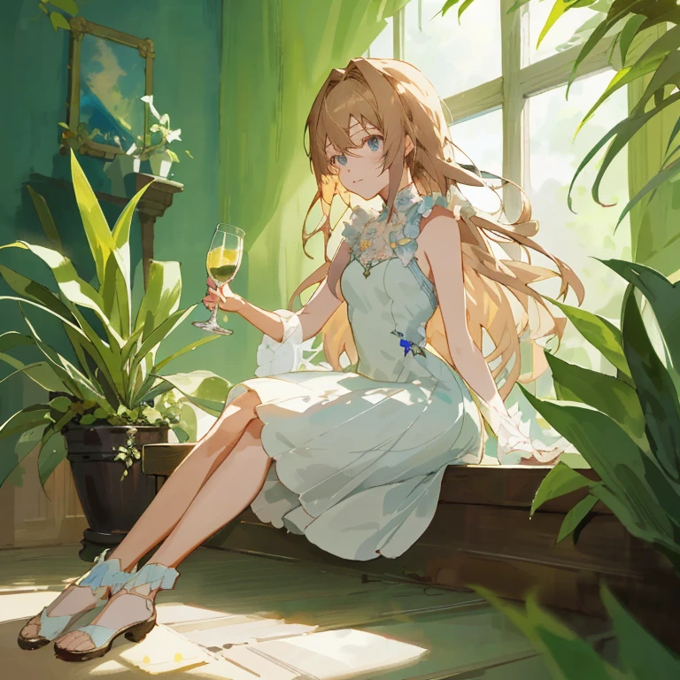 Anime girl sitting on window sill with glass of wine, Cute anime waifu in a nice dress,  in dress, Violet Evergarden, with a drink, cushart krenz key art feminine, Beautiful anime girl, painted in anime painter studio, Anime visuals of cute girls, she holds a glass of wine, guweiz
