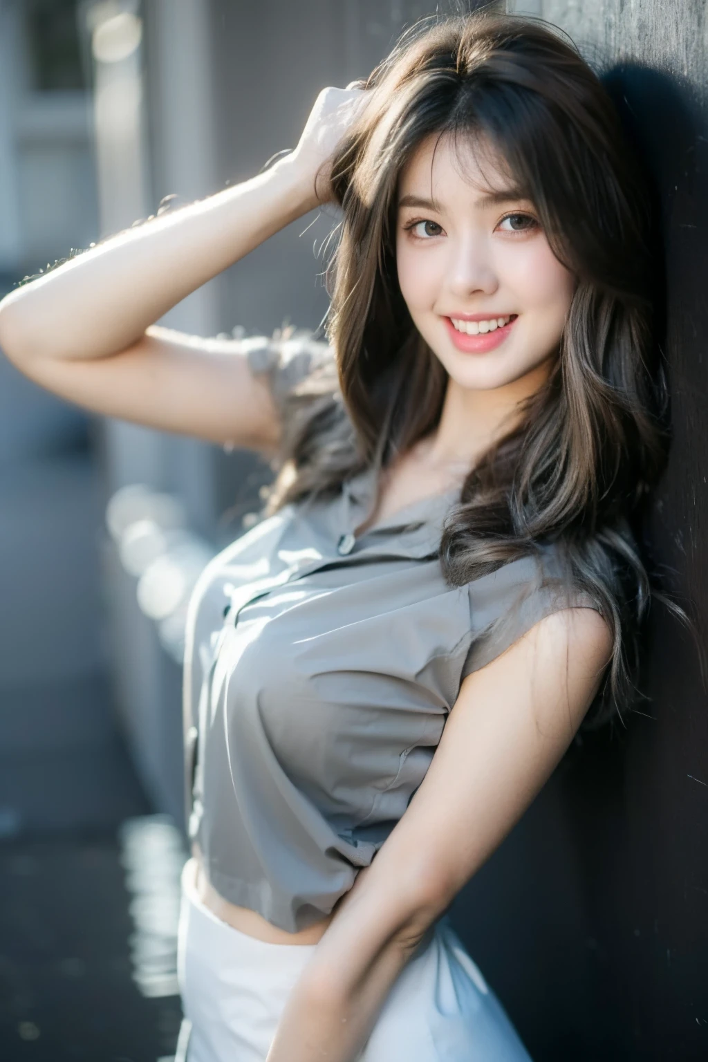 photorealistic,realistic, photorealistic, best quality, ultra high resolution, 1 girl, ((upper body)), ((brown hair:1+gray hair:1.5)) ,(white shirt:1),Black tight skirt,sexy pose,laugh, pure face_V1,lean forward,