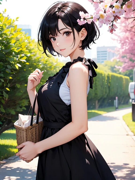 1 female in her 30s, cute, Short black hair、beautiful, sunny day、picnic、She is wearing a breezy sleeveless dress..。I&#39;It&#39;May