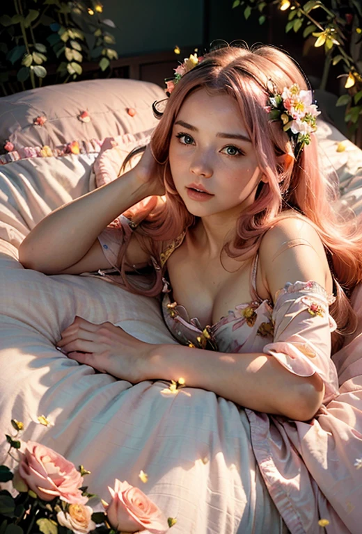 Master masterpiece, the best picture quality, realistic to stunning (realism 1.4), (((a breathtaking beautiful girl laying on a bed of roses))), superb figure, pink hair, delicate facial features, long skirt in ancient costume, vivid angle, depicting her lying gently in a bed, surrounded by fireflies and glowing butterflies, flowers, petals, extremely detailed details, immersion in it.