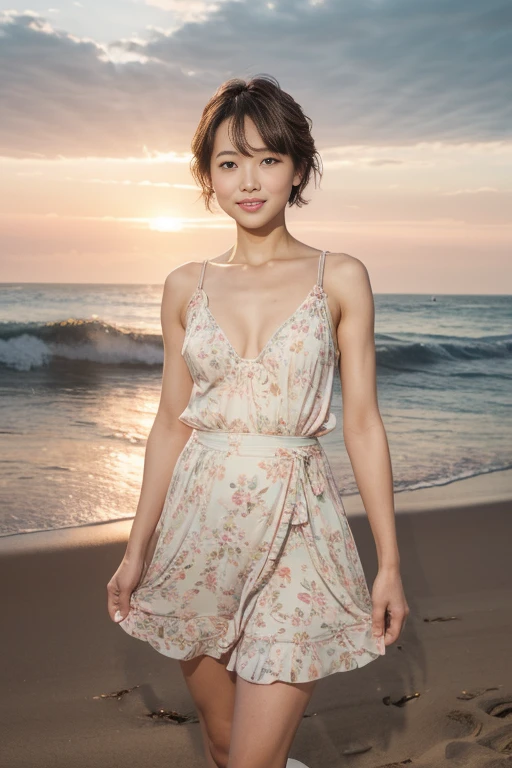 masterpiece, best quality, ultra quality, high quality, realistic, photo realistic, warm lighting,natural lighting,cinematic lighting,RAW photo, hyper detailed, intricate detailed, perfect ???????, Fujifilm XT3,1girl,Japanese,(slender abs:1.3), cleavage,large hip,(camel toe:1.2), (Brown short wavy pixie hair over one eye:1.2), (from front:1.5),smile,(blushing:1.3),teary eyes,(standing:1.2),sunset,magic hour,blue moment,walking,beach,outdoor,(mideum shot), BREAK (wearing pastel color knee length sundress with floral pattern:1.3),(wind lift skirt:1.3),cleavage,