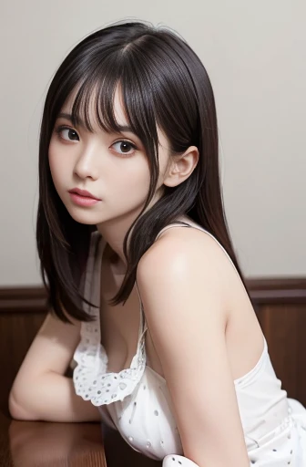 a lot of details, slender waist, 30 years old, detailed black hair, beautiful detailed hair, super fucking beautiful, complex details beautiful and delicate eyes, perfect hands, small breast, perfect and delicate limbs, detailed skin, best quality, ultra-detailed,intense angle, from bebind, soles, leaning forward, white panties, polka dot cloth,