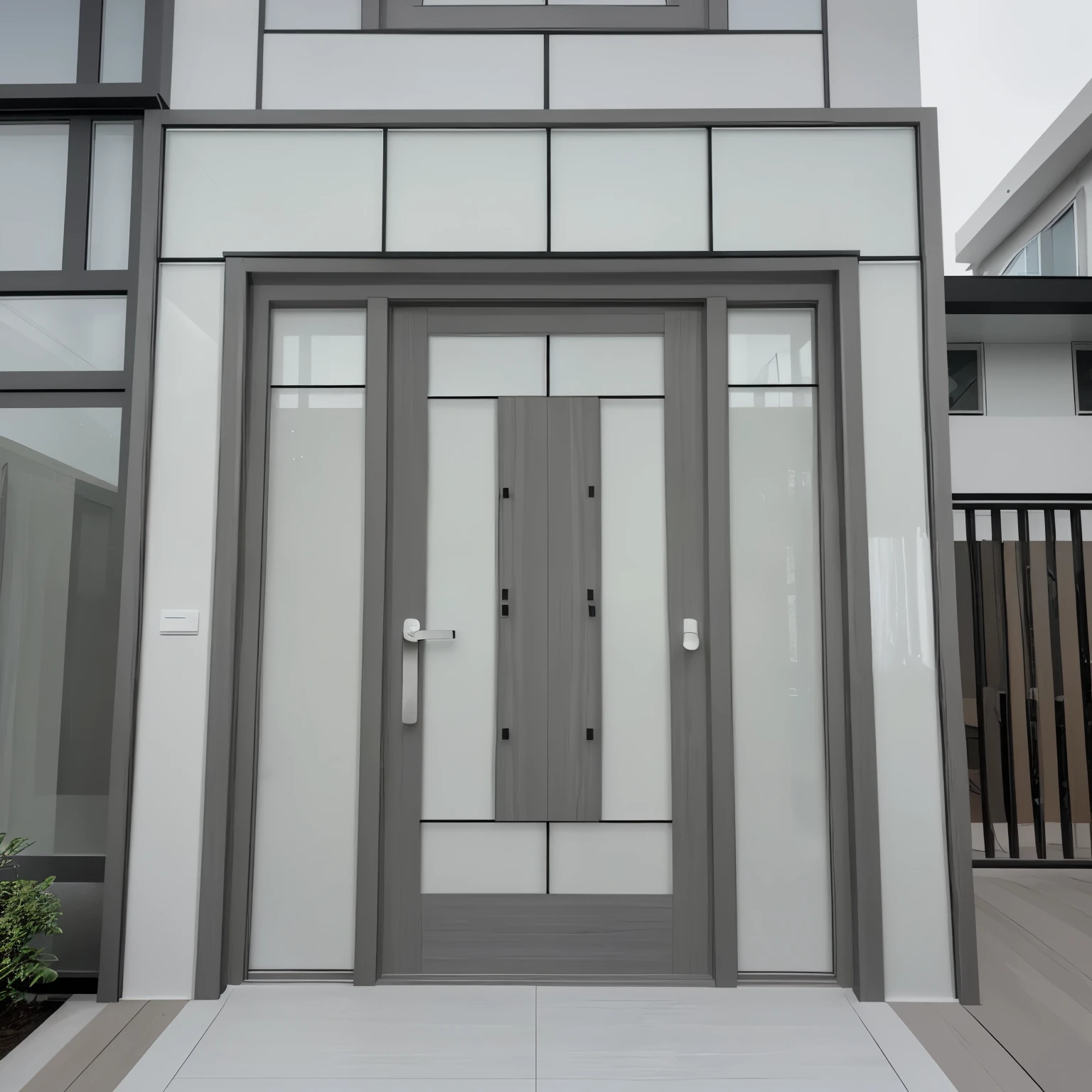 3 d modern facade, glass railing, sắt, ốp conwood, painted gray, wooden color singfa aluminum door